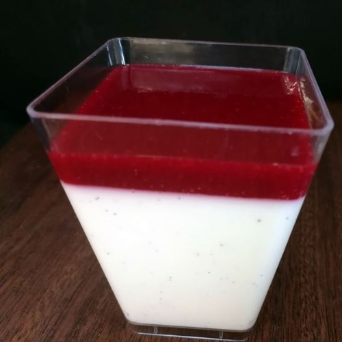 VANILJE- OG YOGHURTPANNACOTTA MED BRINGEBÆRCOULIS
